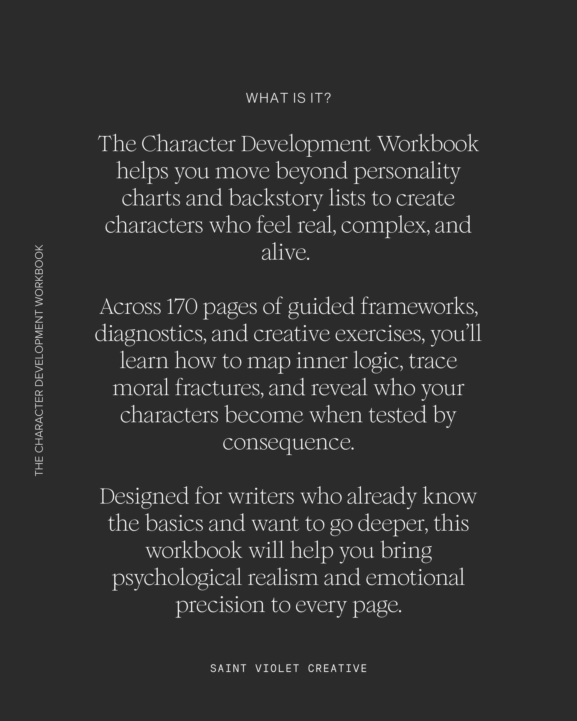 Inside the Character Development Workbook by Saint Violet Creative: printable creative writing planner and workbook for writers. Includes guided prompts, character profile templates, moral fracture mapping, story pressure diagnostics, and plot tools for novelists. Great for fiction writers, screenwriters, or anyone learning how to write complex characters.