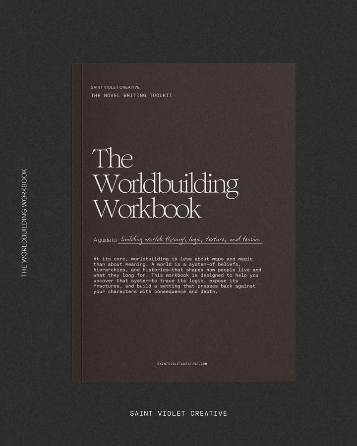 The Worldbuilding Workbook by Saint Violet Creative — a detailed creative writing workbook and novel planning guide for speculative fiction, sci-fi, and fantasy writers. Includes printable worldbuilding writing templates, story development sheets, and prompts for creating immersive fictional worlds. Perfect writer gift for authors who love fantasy world building and creative writing journals.