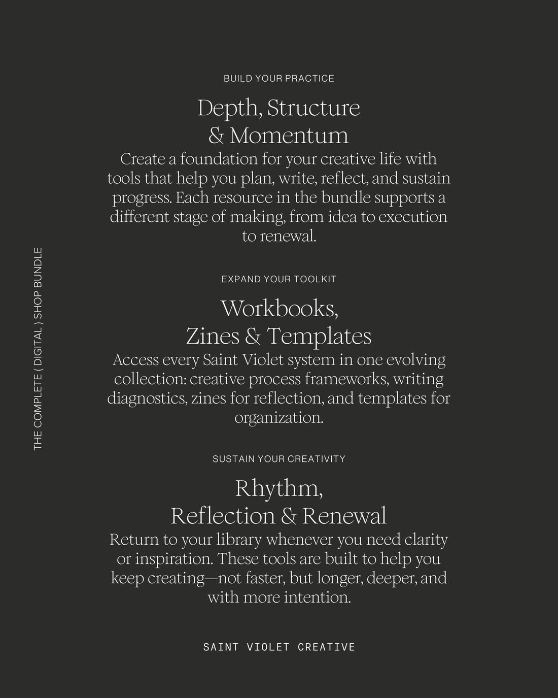 Complete Digital + Printable Collection from Saint Violet Creative. Includes writing workbooks, author planners, Notion templates, and zines focused on creative practice, reflection, and process. Perfect writer gift and artist toolkit for cultivating sustainable creativity and organization.