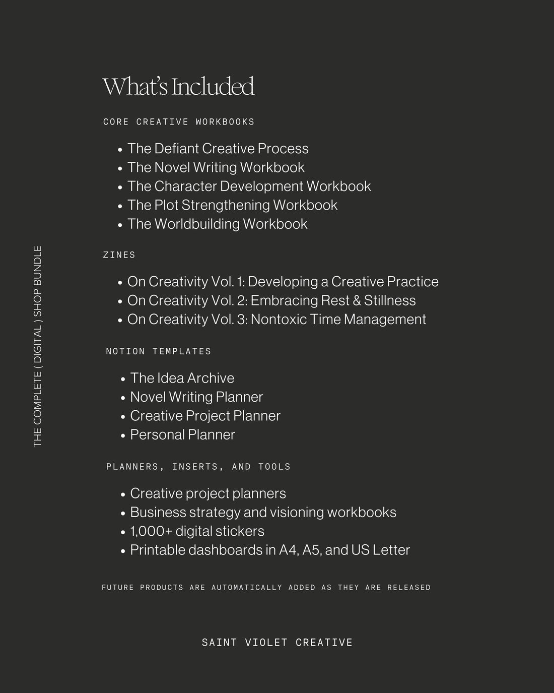 All-in-One Digital + Printable Shop Bundle from Saint Violet Creative — featuring writing workbooks, Notion templates, printable planners, creative zines, and prints. The complete creative resource library for artists and writers who want to organize, reflect, and make with purpose.