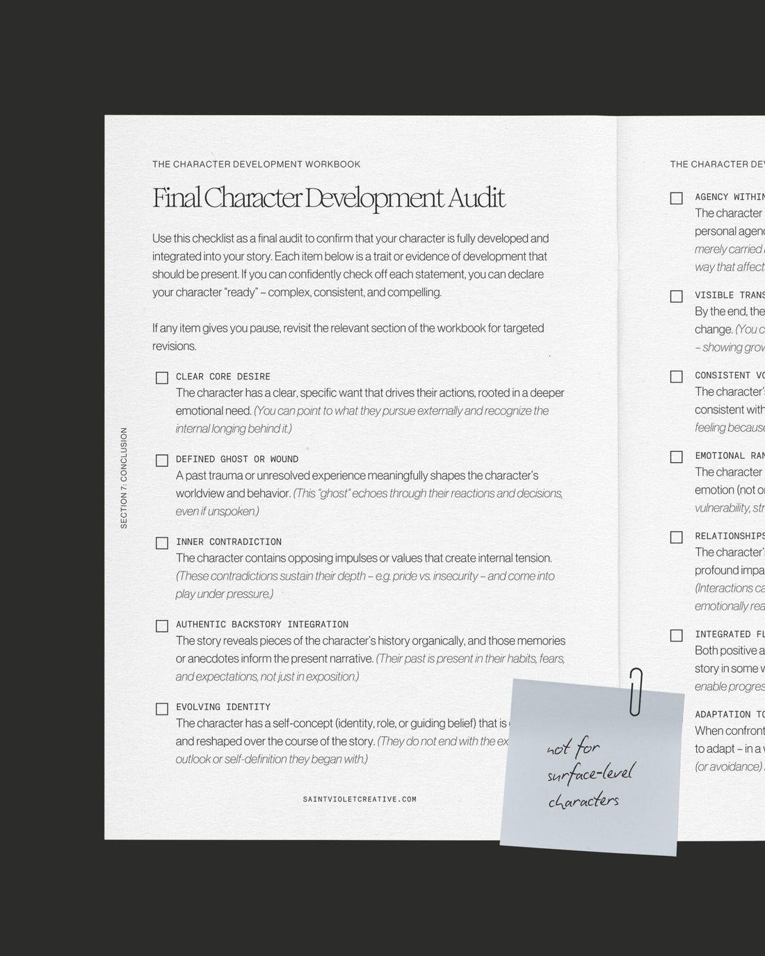 Character Writing Workbook by Saint Violet Creative — a complete creative writing planner for authors who want to create characters that feel alive. Includes guided frameworks, reflection prompts, moral fracture mapping, and story pressure diagnostics. Ideal for novelists and storytellers learning character arcs, conflict, motivation, and emotional realism. Printable worksheets included.