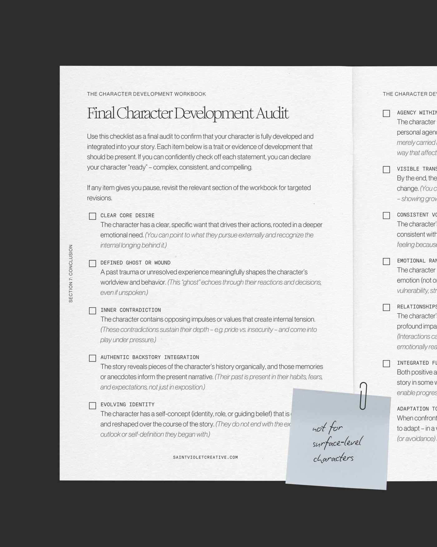 Character Writing Workbook by Saint Violet Creative — a complete creative writing planner for authors who want to create characters that feel alive. Includes guided frameworks, reflection prompts, moral fracture mapping, and story pressure diagnostics. Ideal for novelists and storytellers learning character arcs, conflict, motivation, and emotional realism. Printable worksheets included.