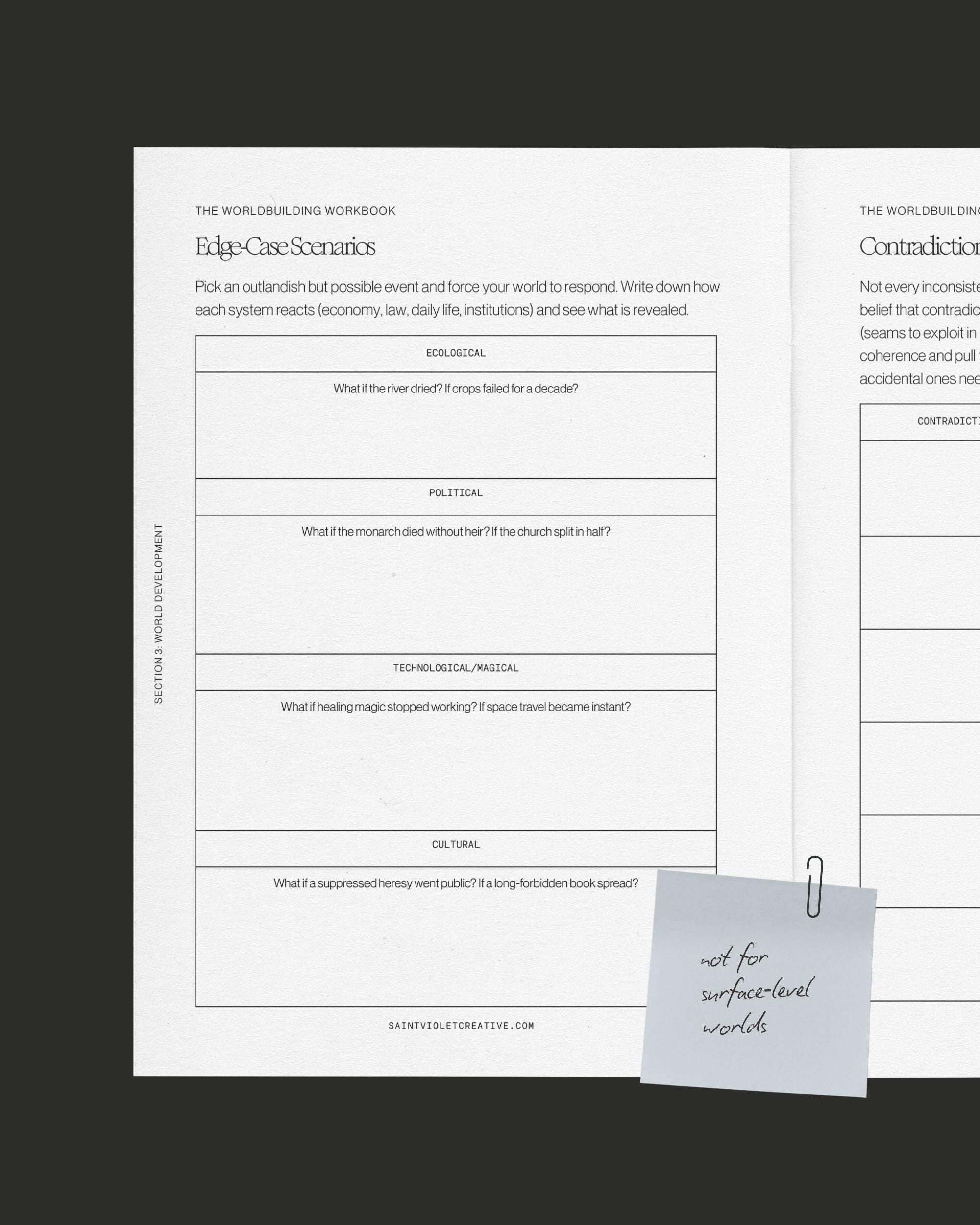 Digital and printable Worldbuilding Workbook for writers, filled with prompts, worksheets, and templates. Ideal for fantasy and sci-fi authors who want to design coherent settings and connect worldbuilding to character and plot. Great creative writing workbook and novel planning guide.