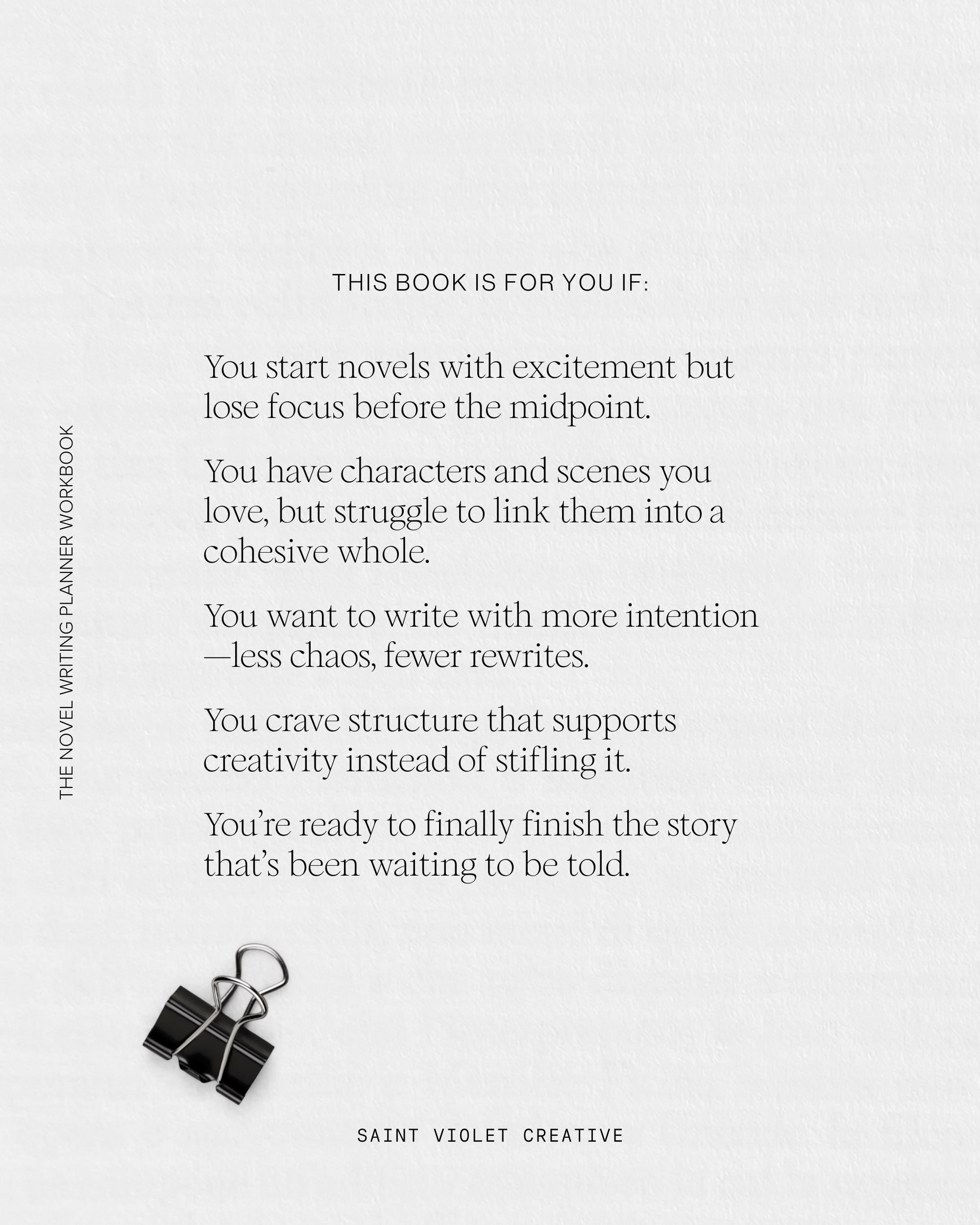 Creative Writing Journal and Planner for authors developing their novels. The Novel Writing Workbook includes worksheets for plot, character, and worldbuilding, along with space for research and reflection. Great writer gift and author resource for outlining and improving story structure.