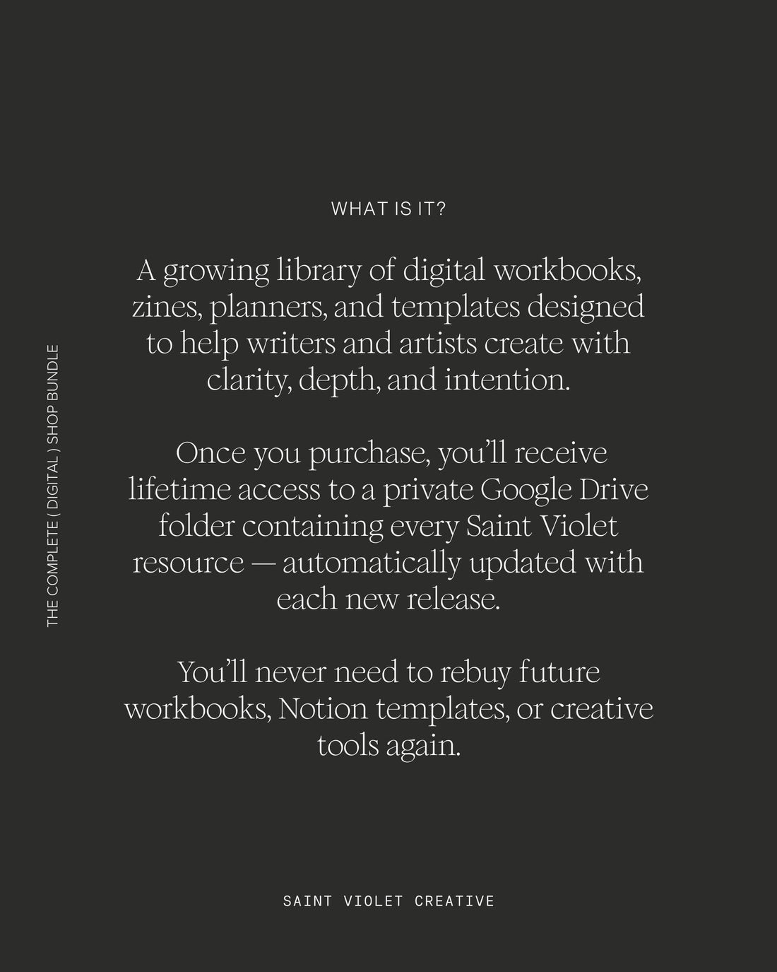 The Saint Violet Complete Creative Toolkit — an all-in-one digital and printable bundle for writers and artists. Includes workbooks for novel writing, worldbuilding, and character development, plus Notion templates, printable planners, and creative zines. A perfect writer gift and artist productivity resource.