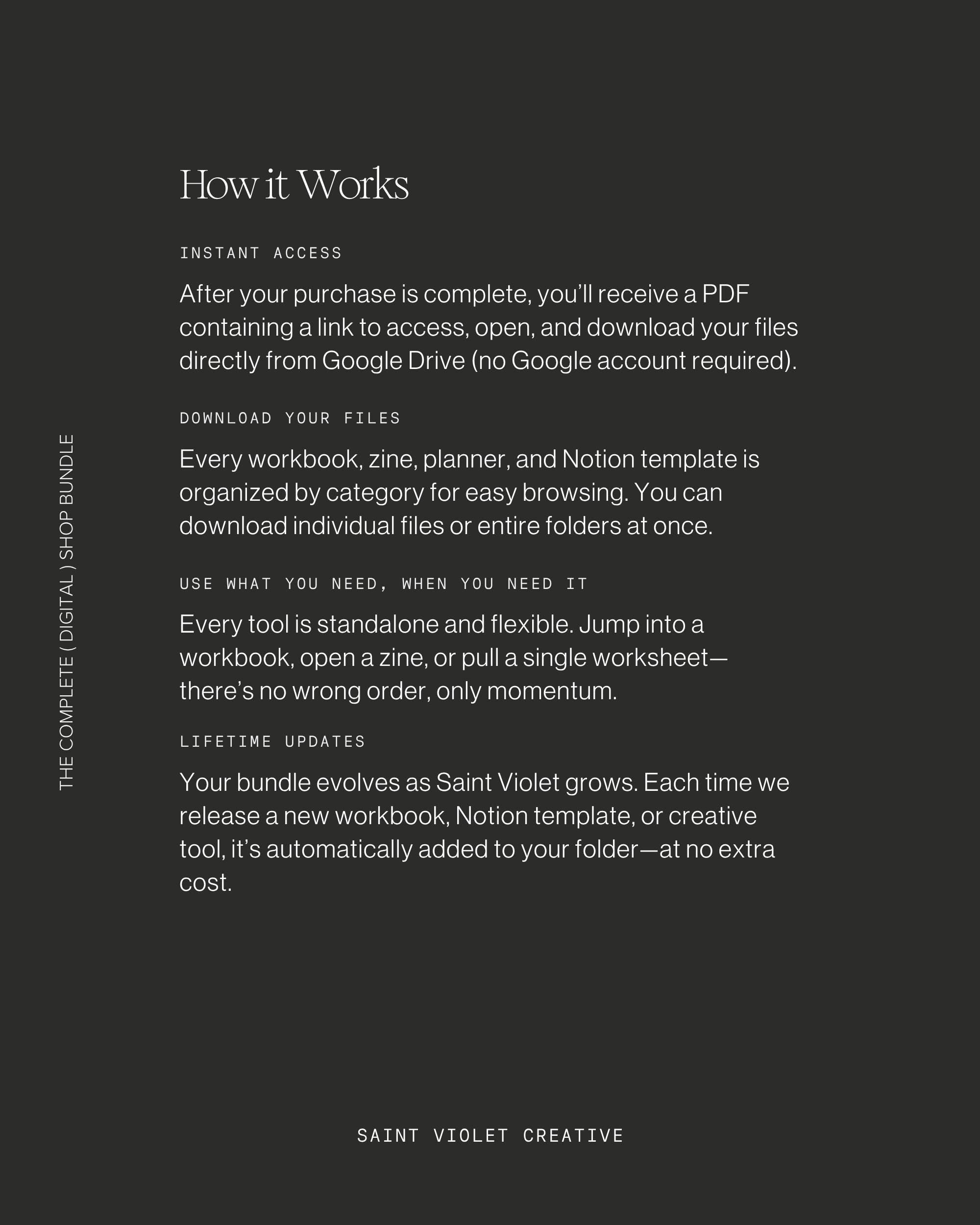 The Saint Violet Complete Digital Shop Bundle — full library of writing workbooks, creative zines, Notion templates, and printable planners. A comprehensive creative toolkit for authors, artists, and makers. Perfect digital gift for creatives looking to rebuild focus and creative momentum.