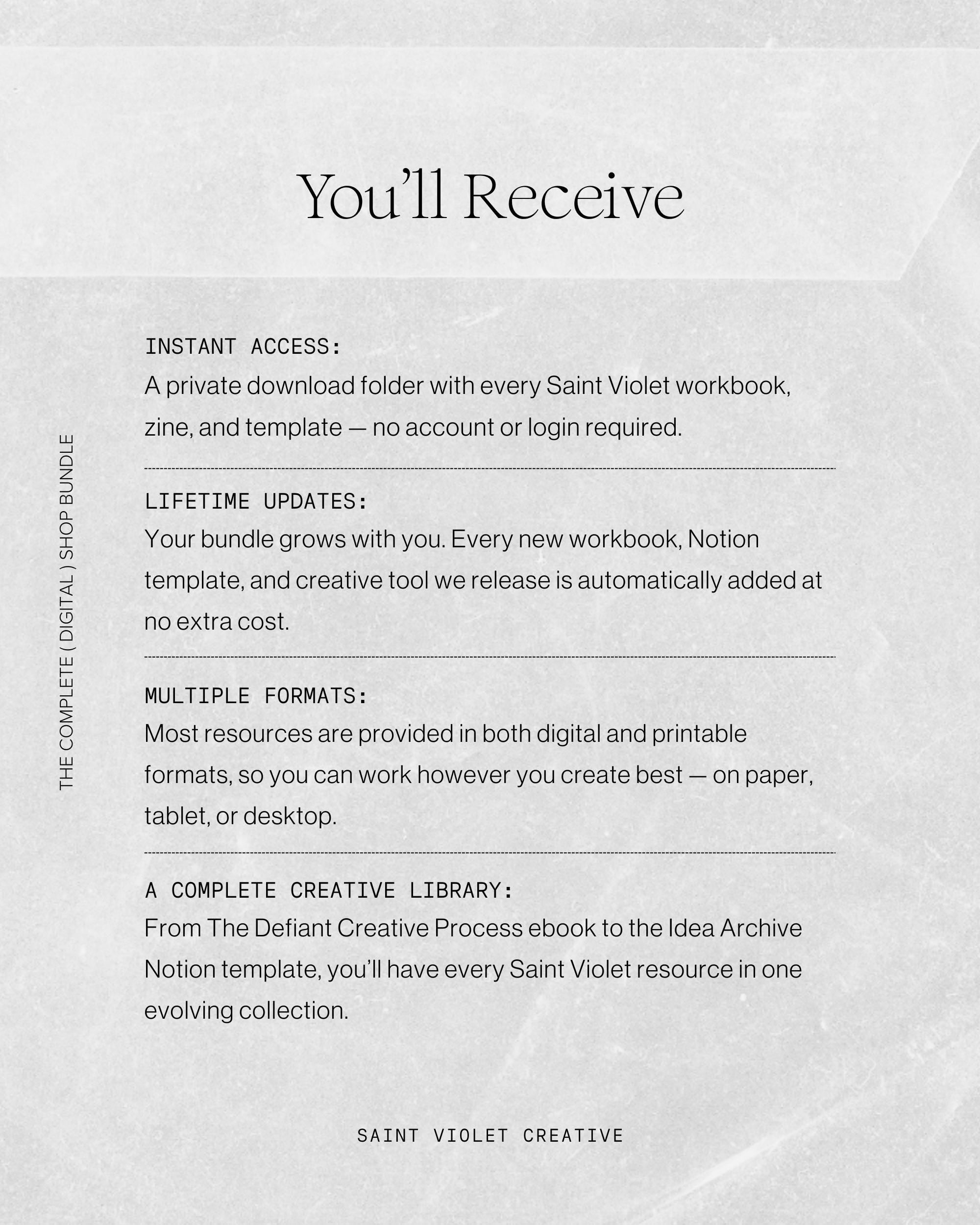 Complete Digital and Printable Saint Violet Shop Bundle for creatives. Includes every workbook, planner, Notion template, zine, and print from the collection. Perfect for authors, artists, and makers who want a full suite of creative tools for writing, planning, and artistic process.