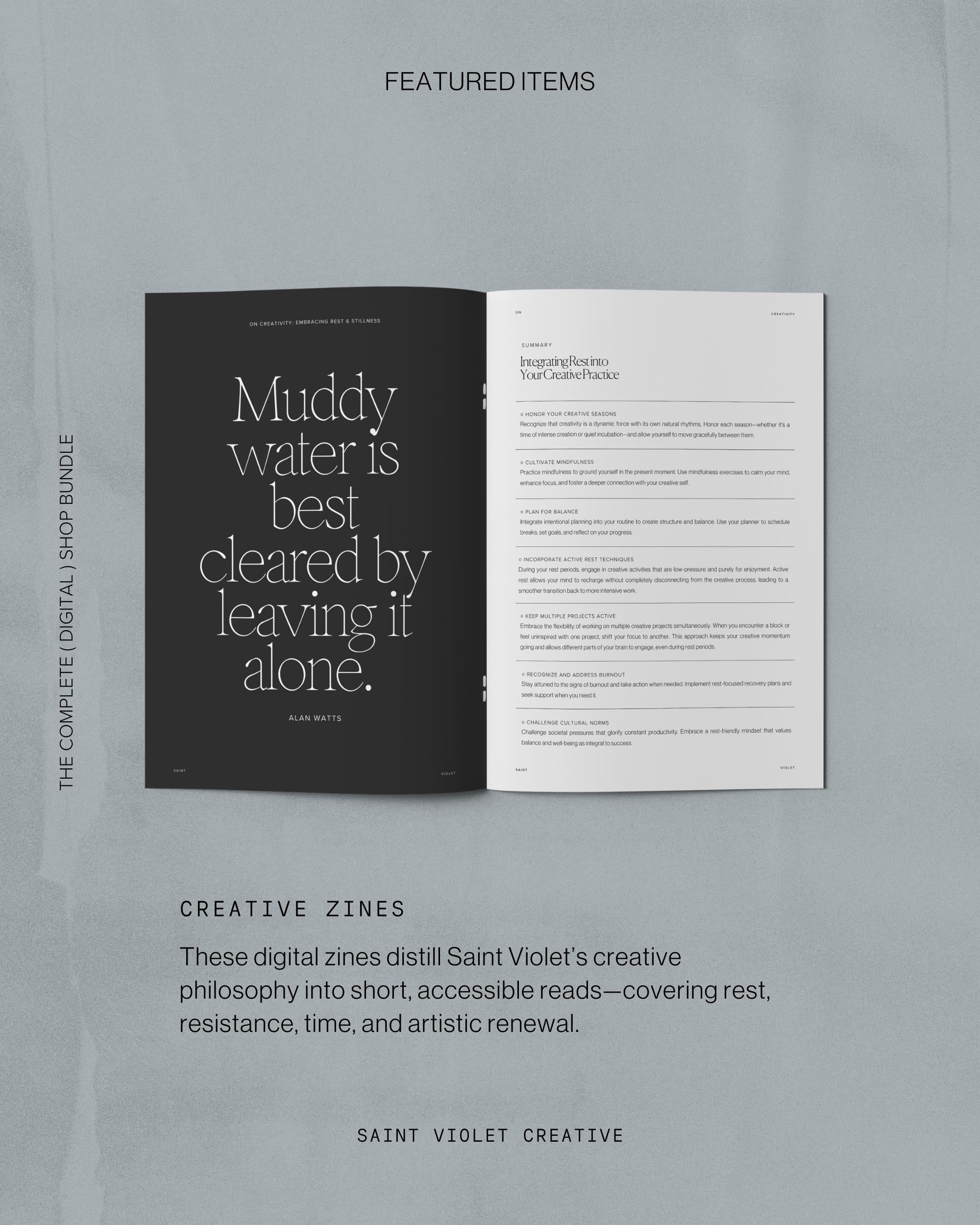 Saint Violet Creative’s Complete Shop Bundle — a digital and printable archive of workbooks, zines, planners, and Notion templates. Perfect for writers and artists who want a cohesive creative system. Includes all writing guides, creative journals, and printable art resources.